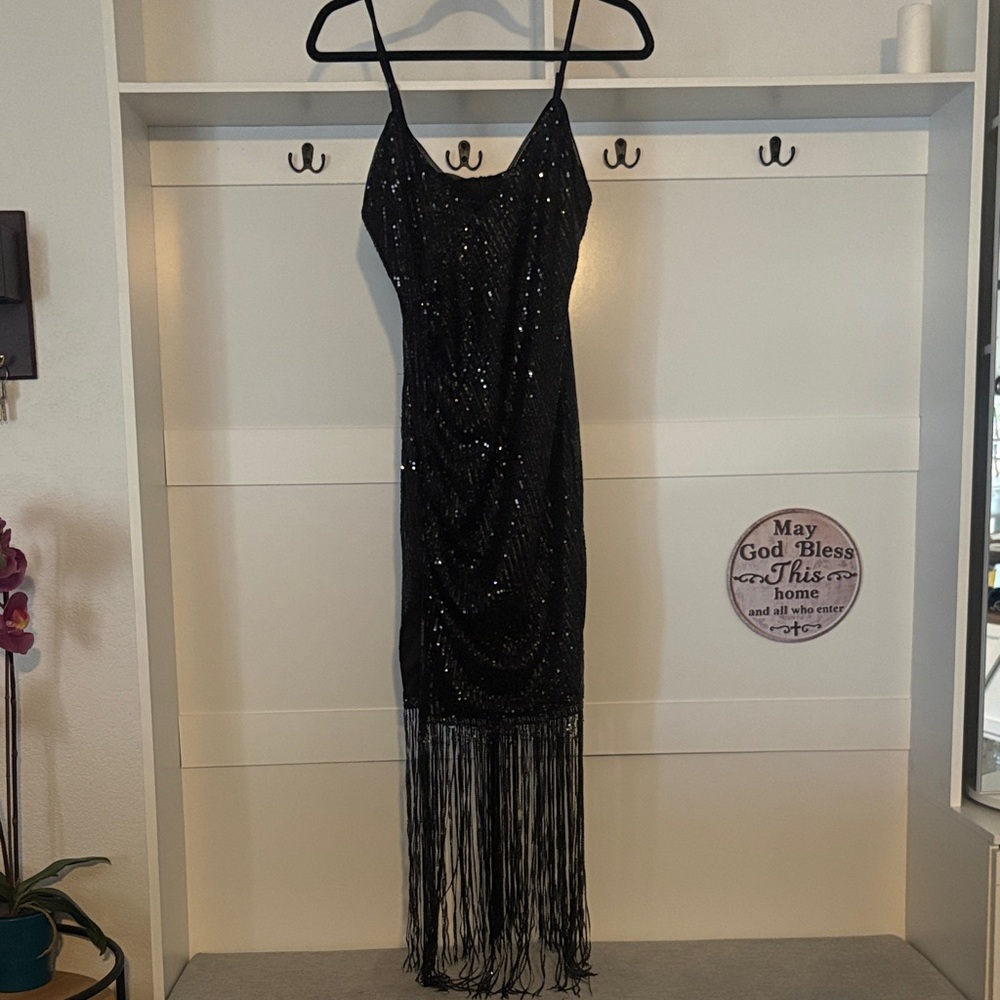 Black Sequin Fringe Slip Dress - Elegant Evening Dress